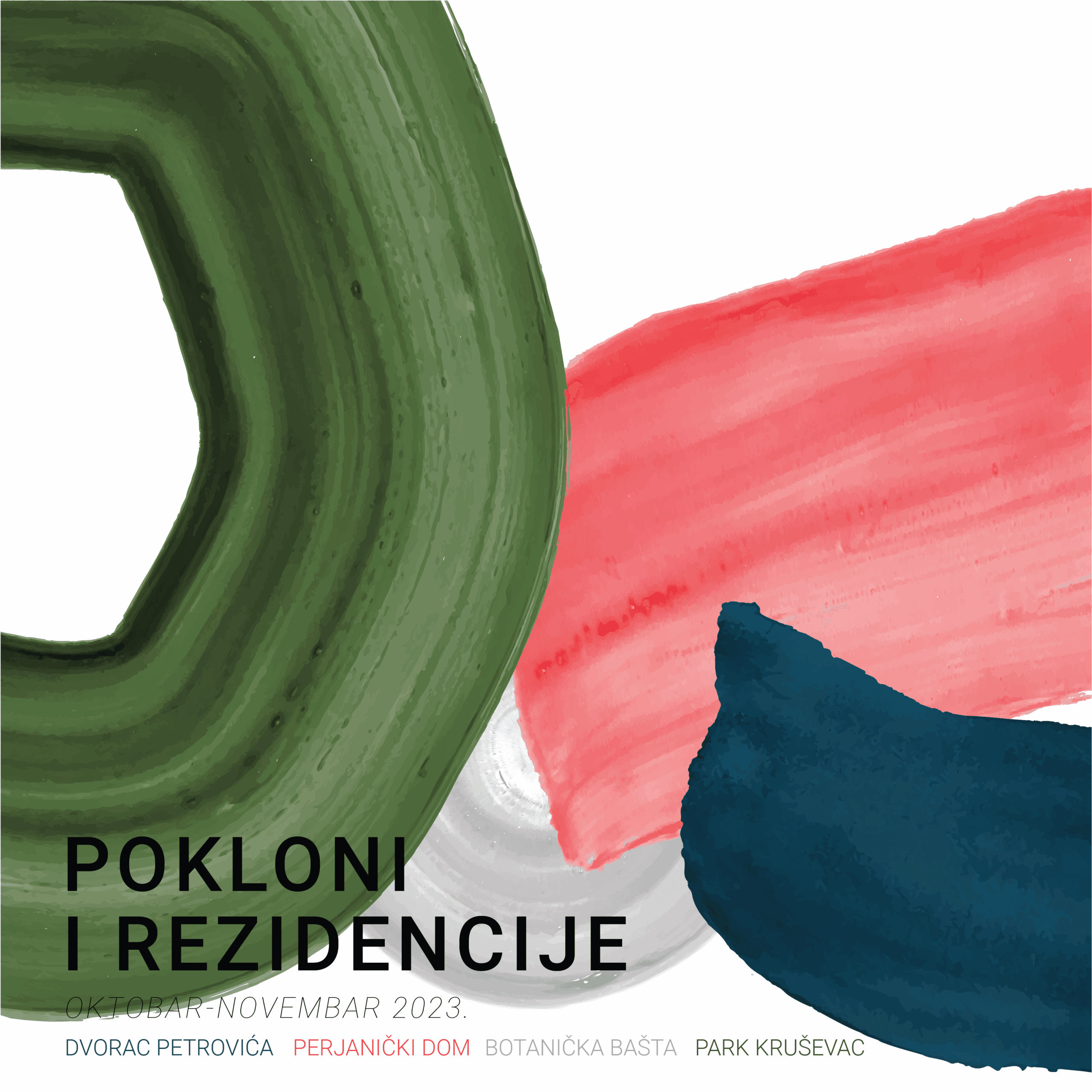 Pokloni i rezidencije - Bijela pozadina sa crno sivim natpisima i zelenom , crvenom i plavom bojom