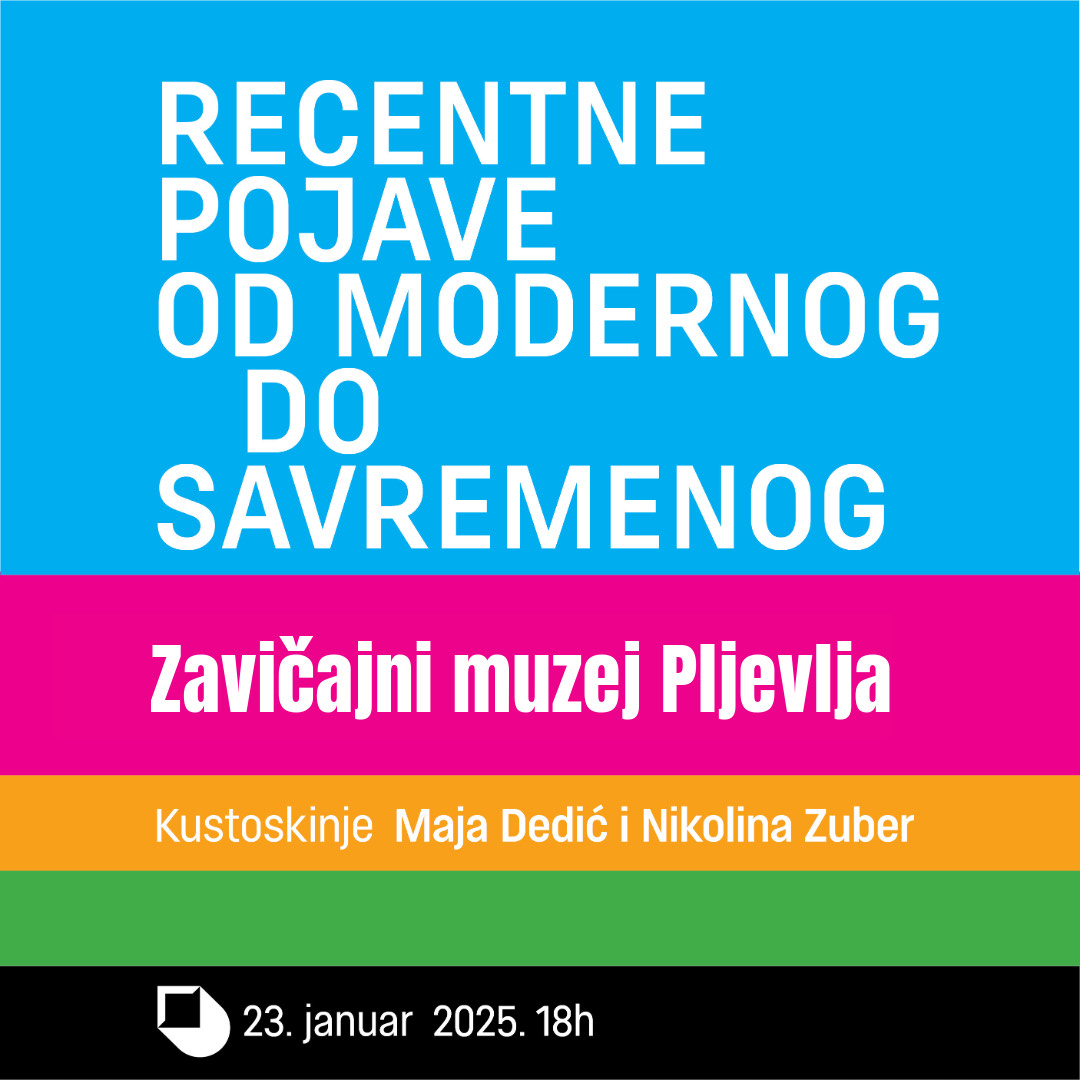 Recentne pojave od modernog do savremenog - Plavo crveno narandžasto zeleno crna pozadina sa bijelim natpisima