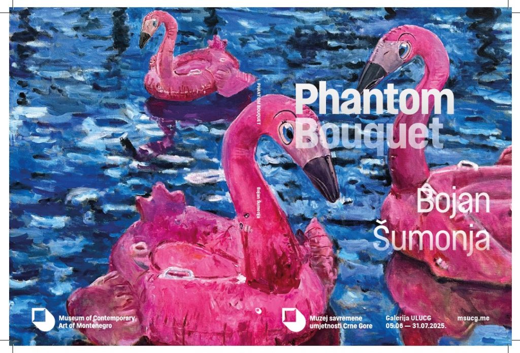 Colorful flamingos on blue water